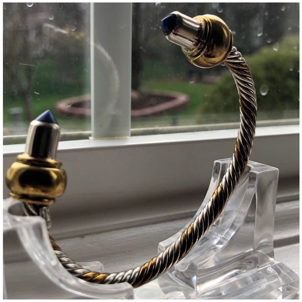 925/Brass Twisted Rope Design Lapis Cuff Bangle - Picture 2 of 8